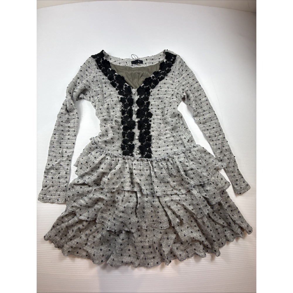 RYU Knitted Dress Women's Gray Black Romantic Laced Front Polka Dot L